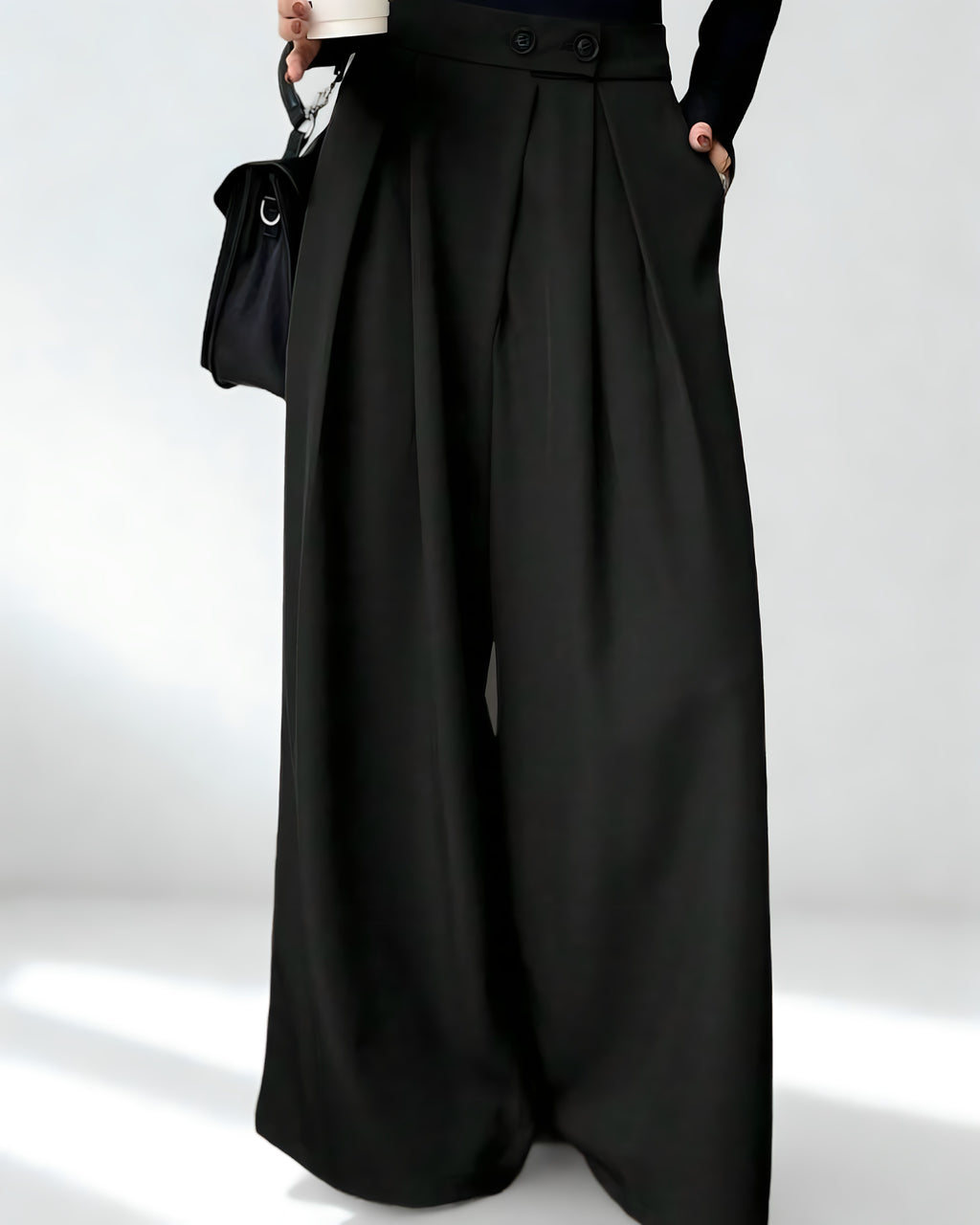 Calça Feminina Preta de Cintura Alta com Perna Larga – Estilo Y2K com Bolso Plissado