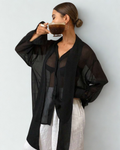 Blusa Feminina Oversized Preta em Chiffon – Transparente, Gola Alta e Manga Longa