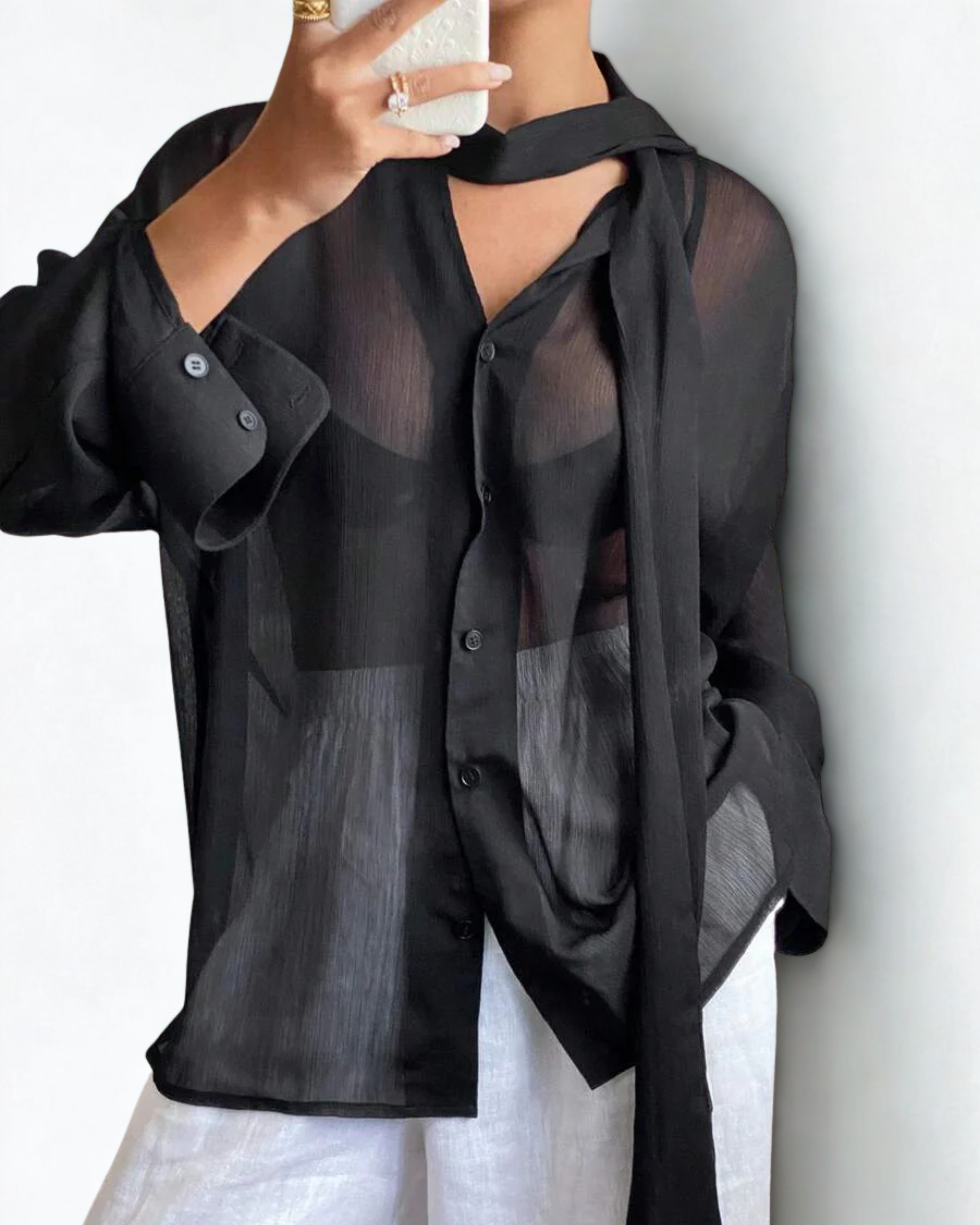 Blusa Feminina Oversized Preta em Chiffon – Transparente, Gola Alta e Manga Longa