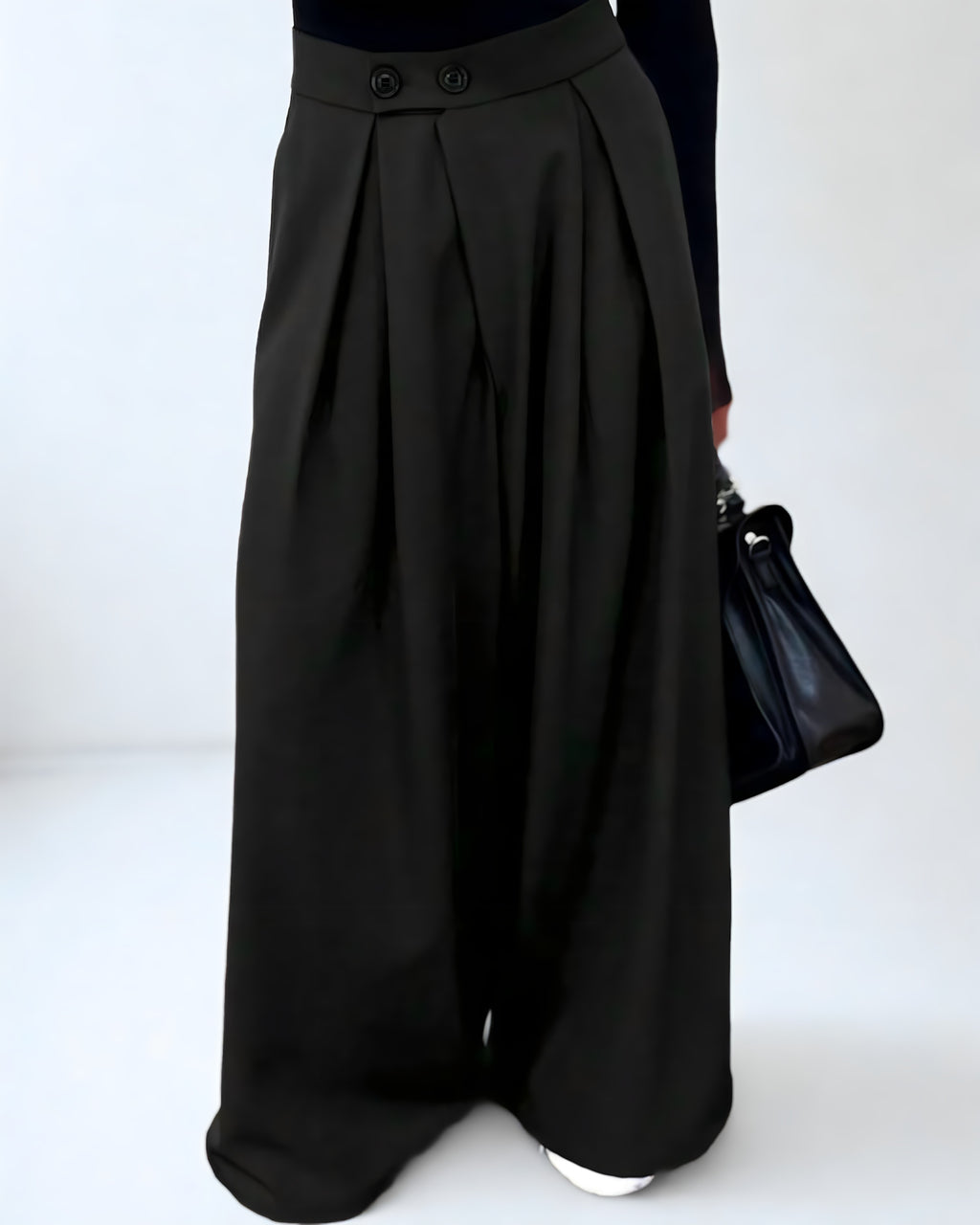 Calça Feminina Preta de Cintura Alta com Perna Larga – Estilo Y2K com Bolso Plissado