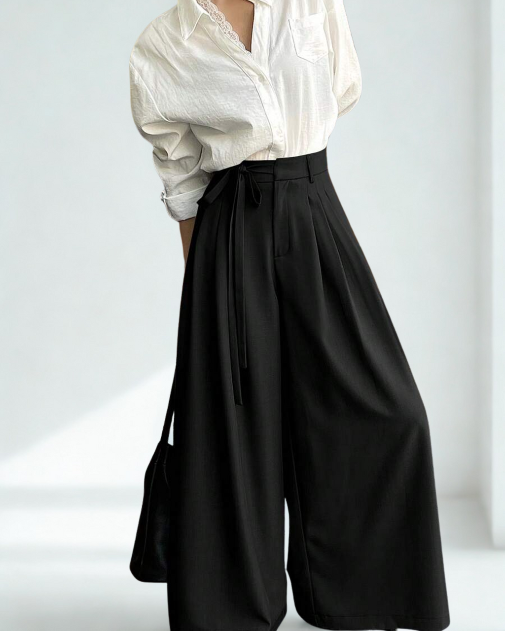 Calça Feminina Preta Larga com Cordão – Cintura Alta e Caimento Elegante
