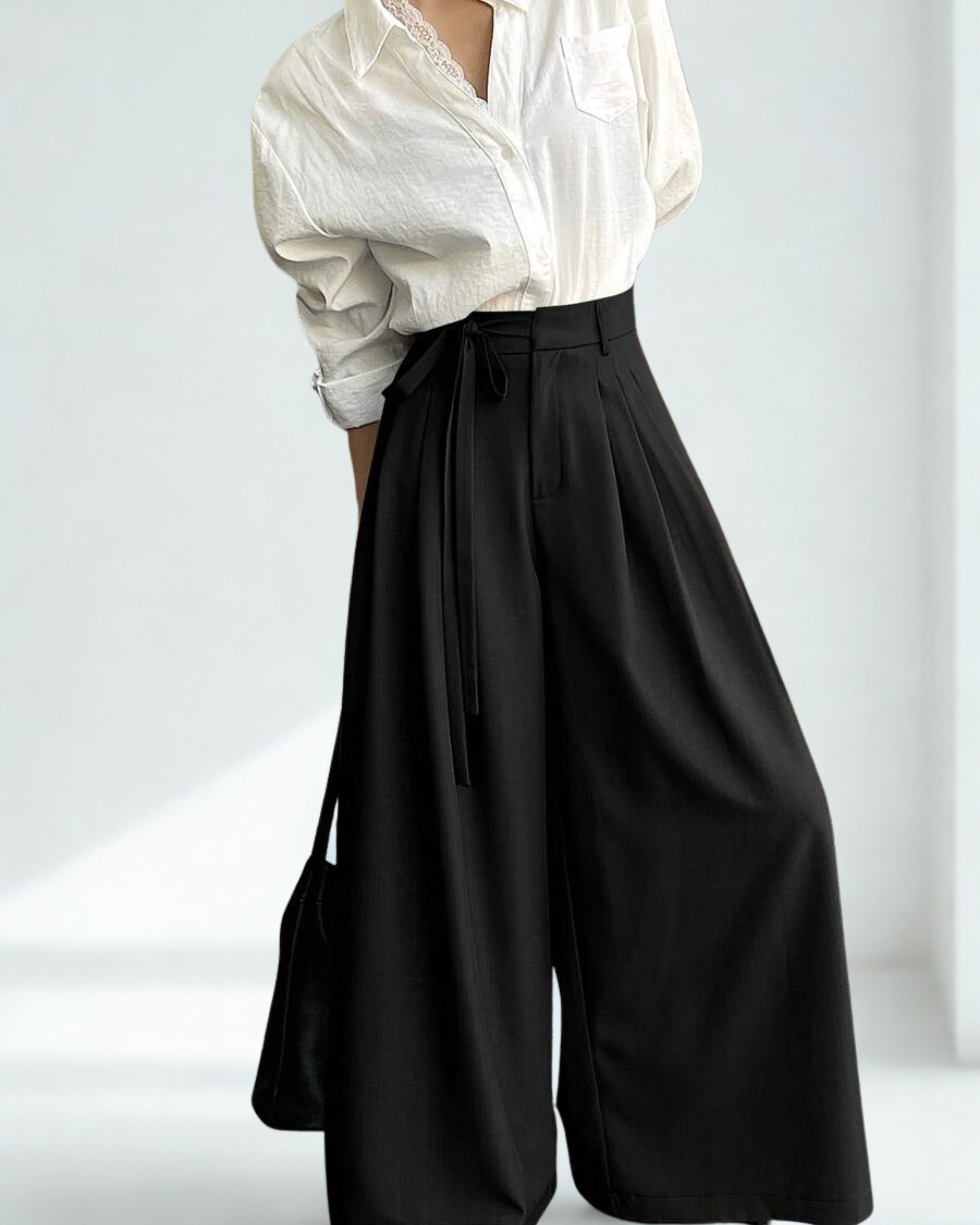 Calça Feminina Preta Larga com Cordão – Cintura Alta e Caimento Elegante