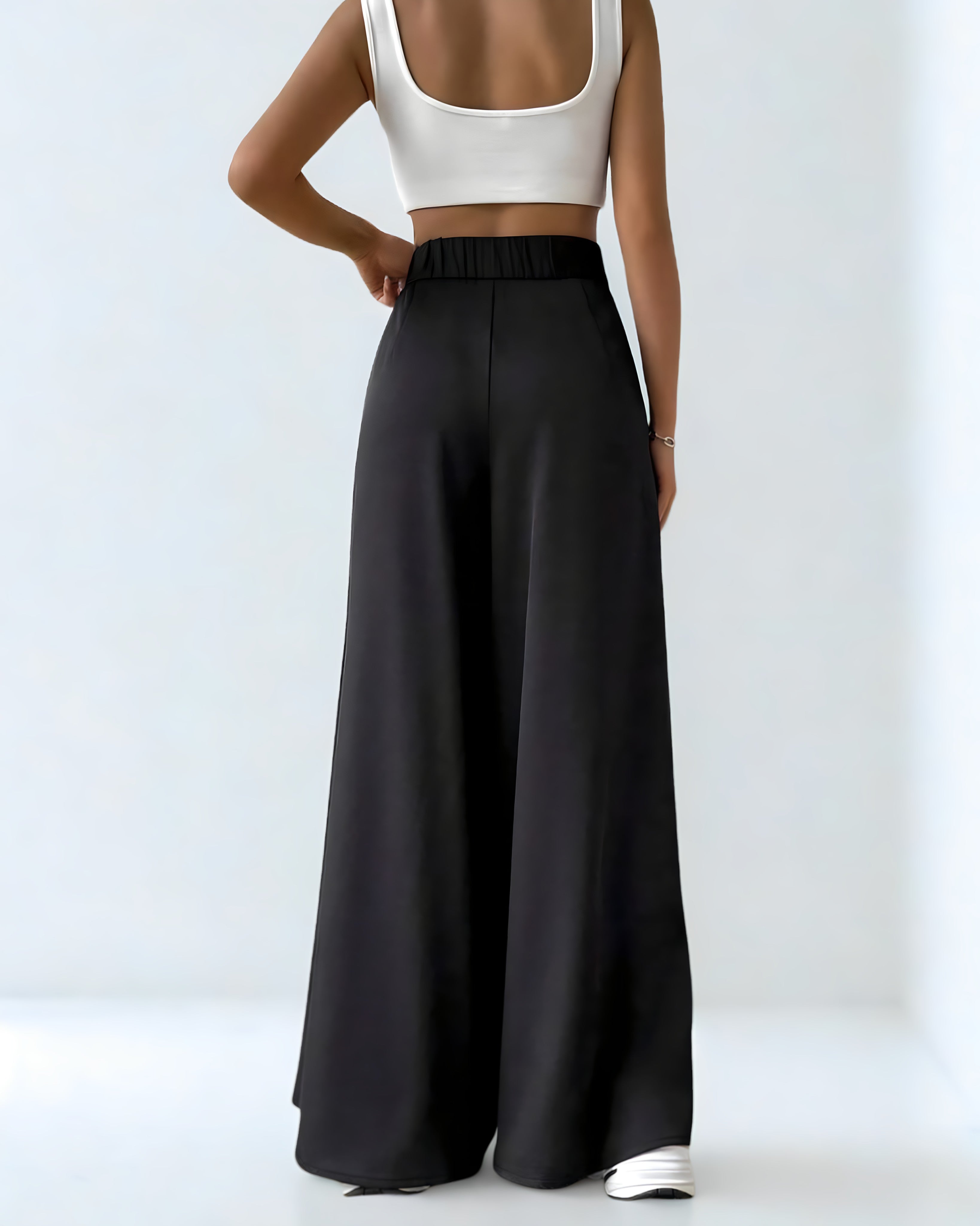Calça Preta Larga Feminina – Cintura Alta com Pregas e Dobras