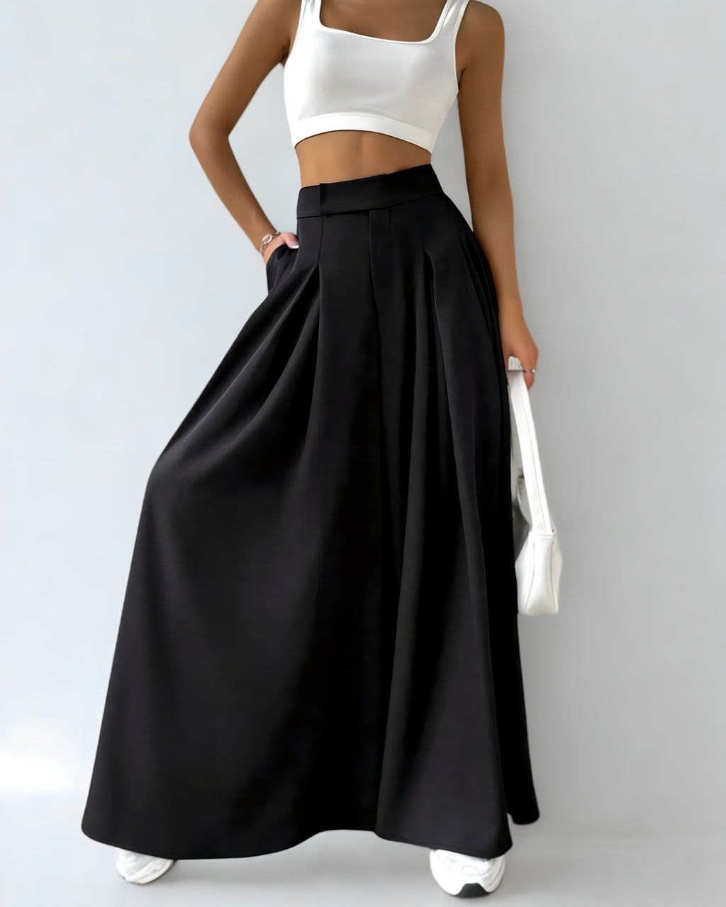 Calça Preta Larga Feminina – Cintura Alta com Pregas e Dobras