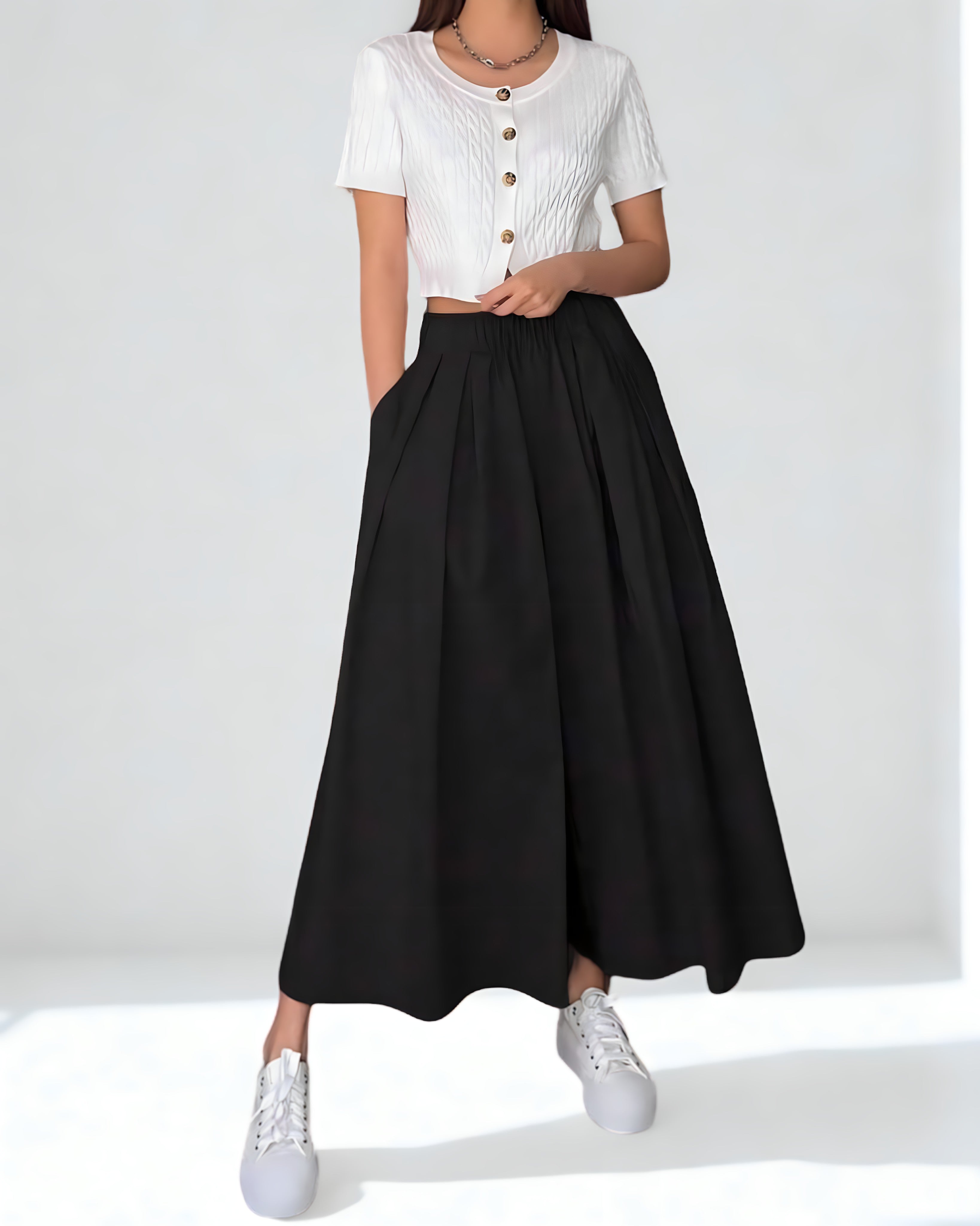 Calça Feminina Preta Wide Leg com Pregas – 100% Algodão