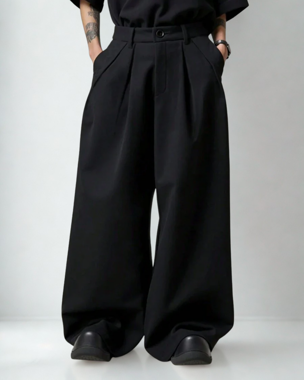 Calça Masculina Preta Wide Leg – Tecido Liso com Cintura Natural e Caimento Relaxado