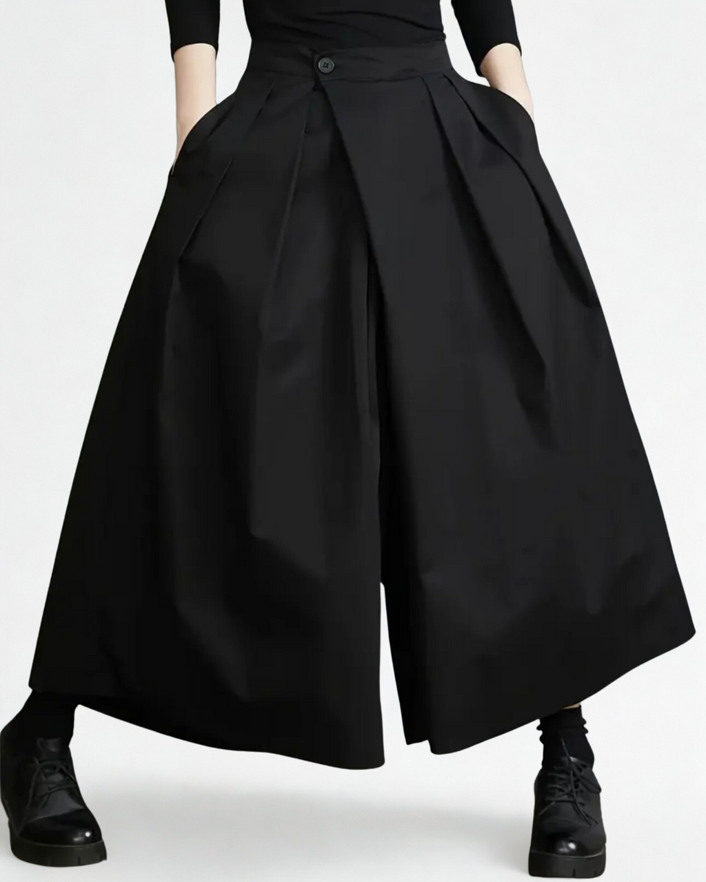 Calças Femininas Pretas Culotte de Perna Larga – Design Estruturado e Elegante