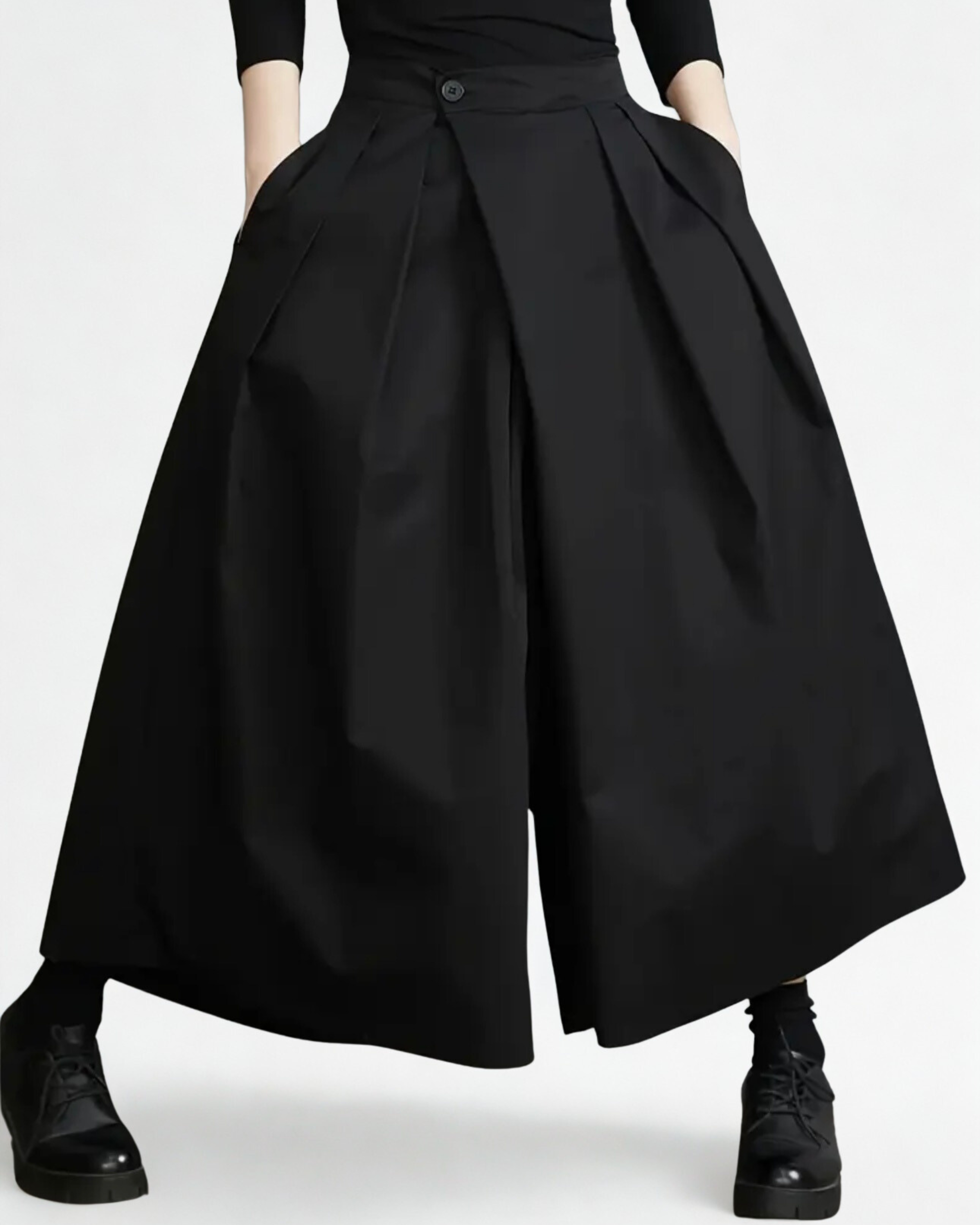 Calças Femininas Pretas Culotte de Perna Larga – Design Estruturado e Elegante