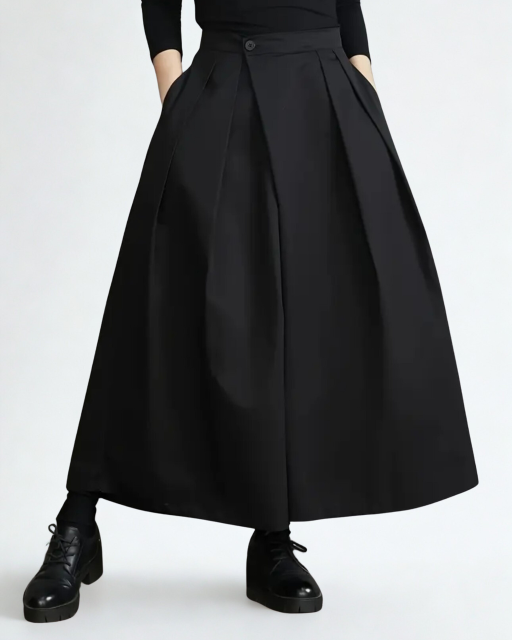 Calças Femininas Pretas Culotte de Perna Larga – Design Estruturado e Elegante