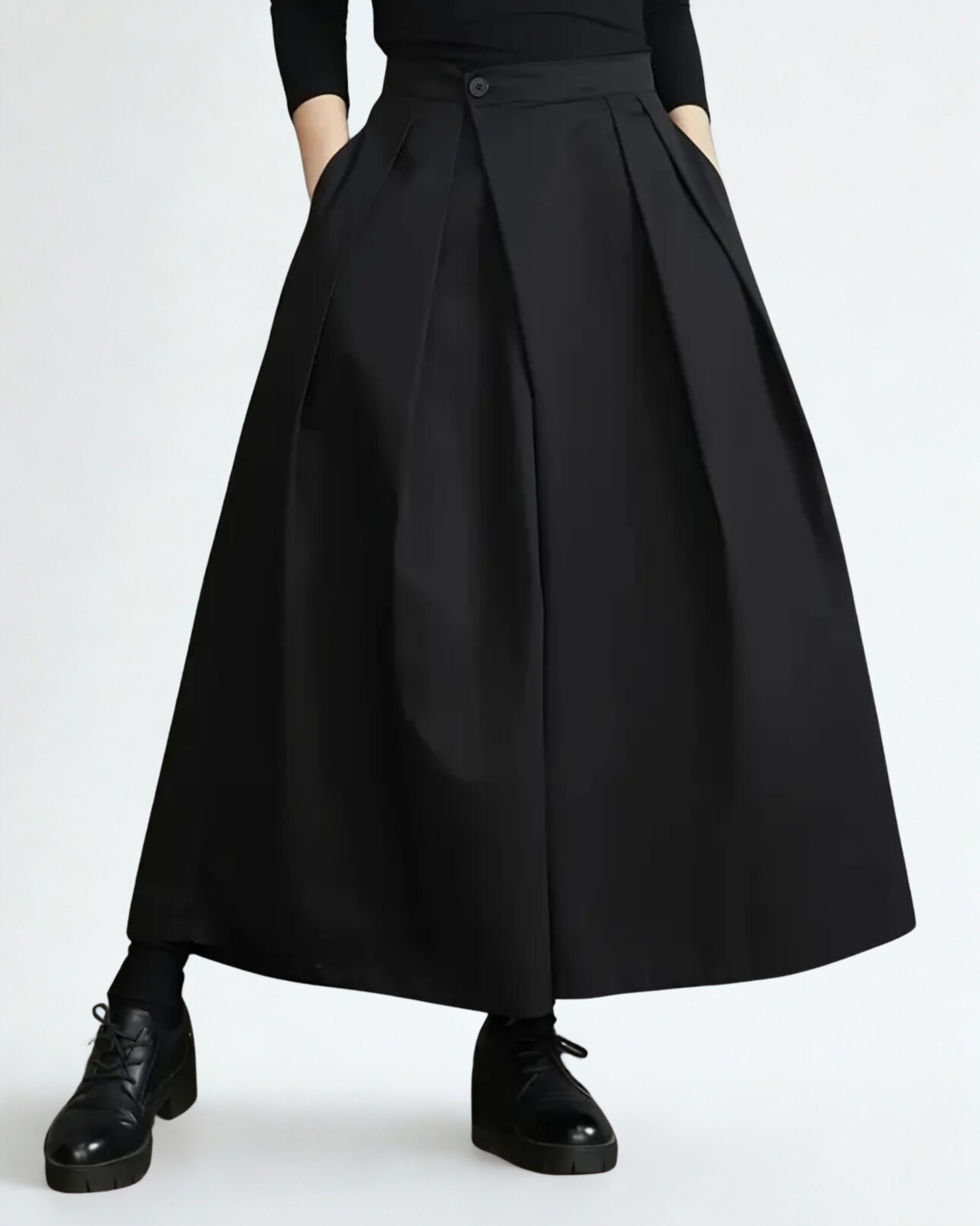 Calças Femininas Pretas Culotte de Perna Larga – Design Estruturado e Elegante